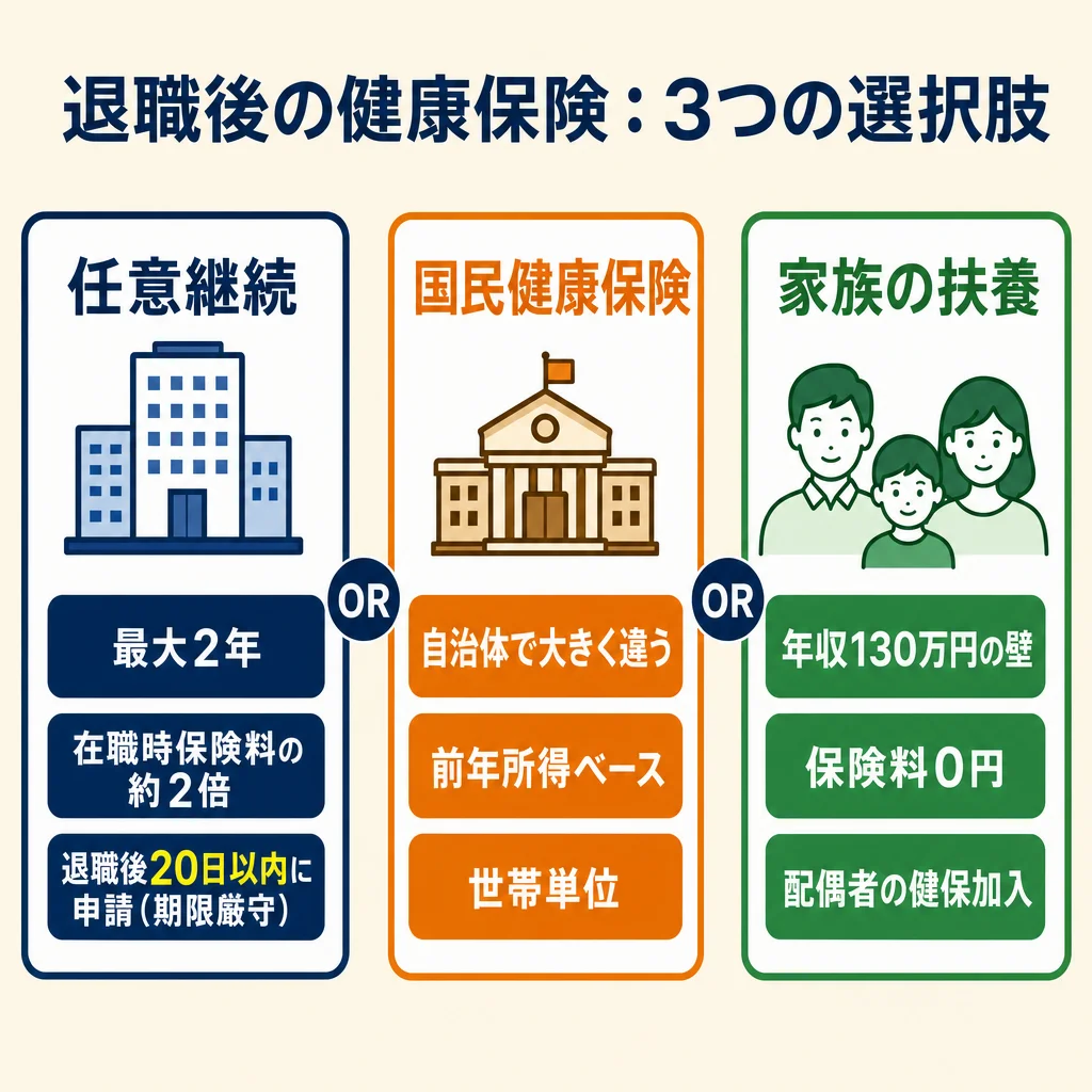 退職後の健康保険3つの選択肢：任意継続・国民健康保険・家族の扶養を比較したインフォグラフィック