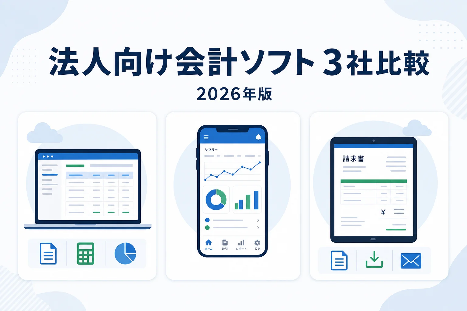 法人向け会計ソフト3社比較2026年版：弥生会計NEXT・freee・マネーフォワードの料金と機能を比較するアイキャッチ